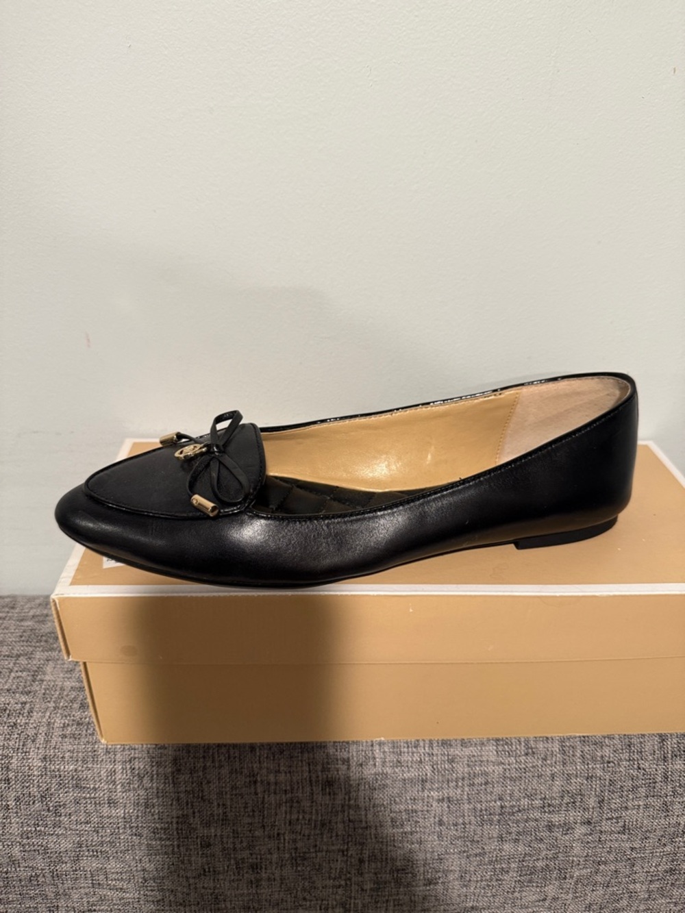 Michael Kors Black Quilted Leather Pointed Toe Flats with Gold Accents - Picture 3 of 6